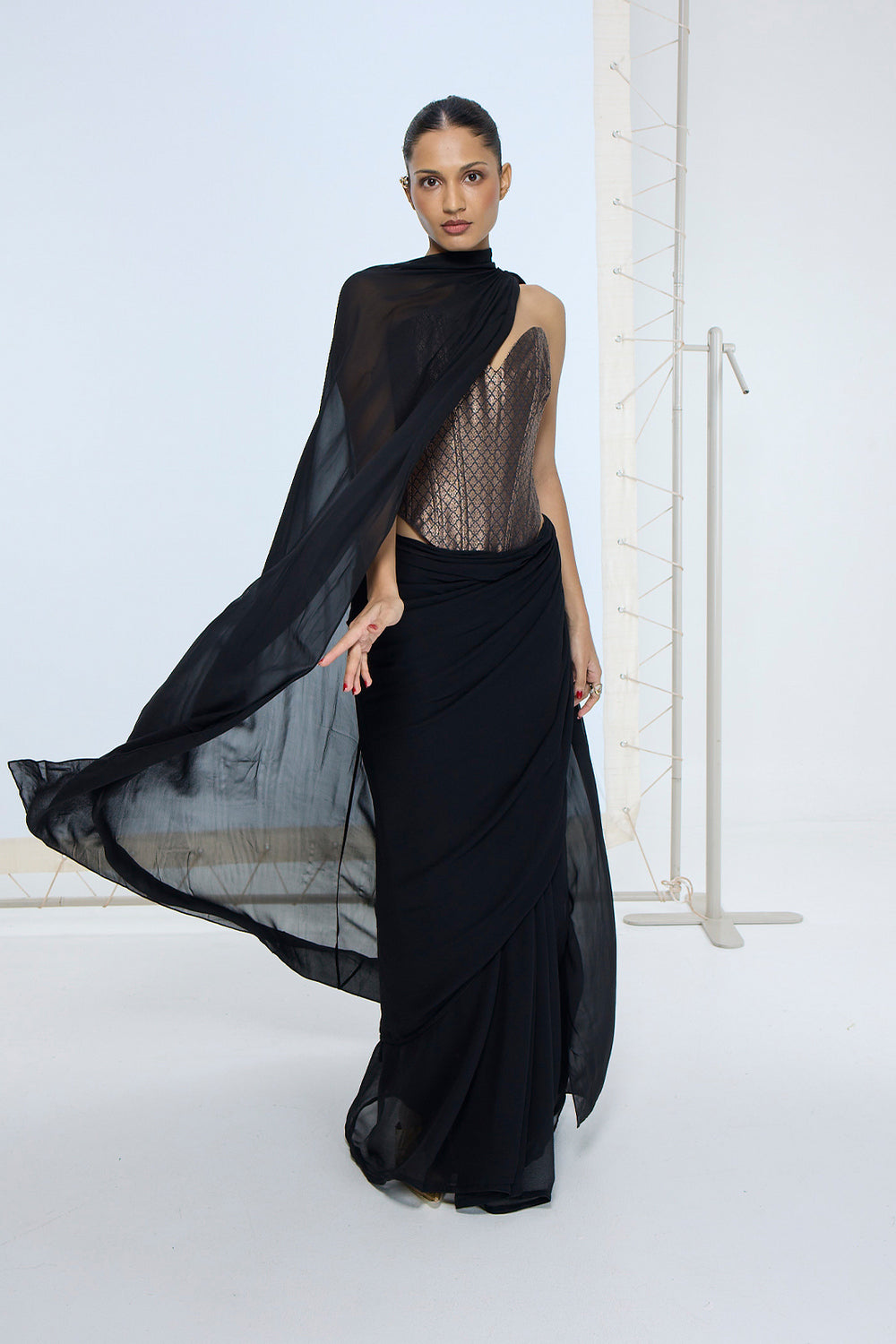 Midnight Black Movable Brooch Saree