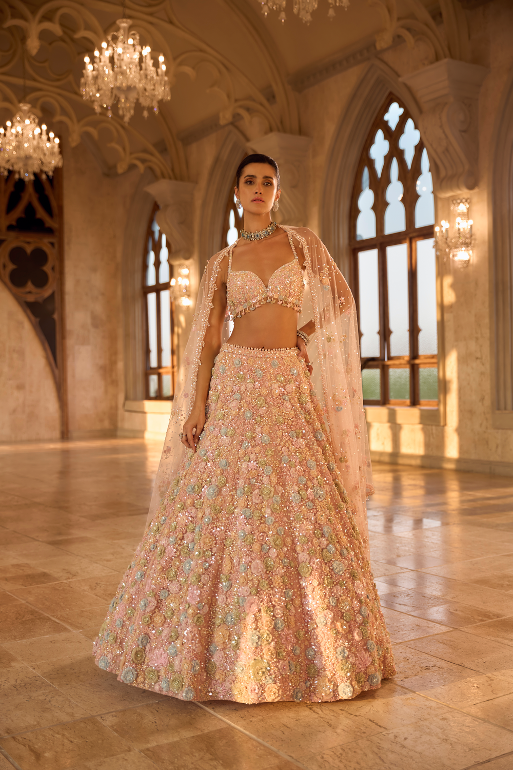 Multi-Coloured Three-Dimensional Floral Lehenga Set