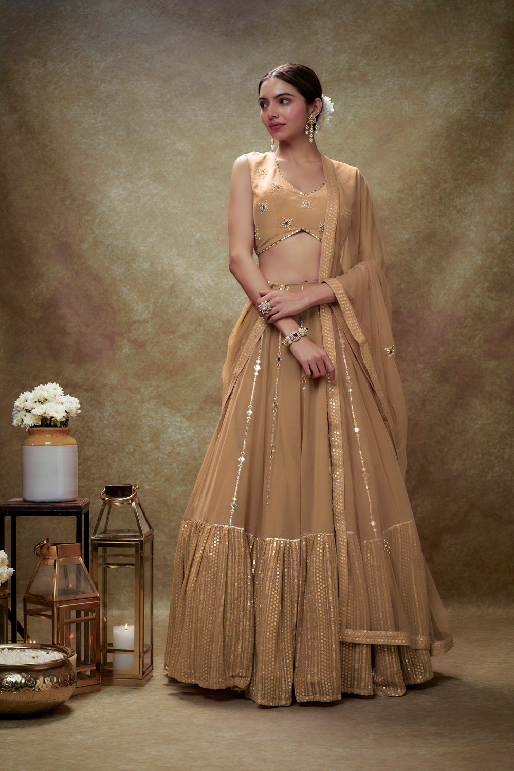 Fawn Mirror Work Sequin Lehenga Set