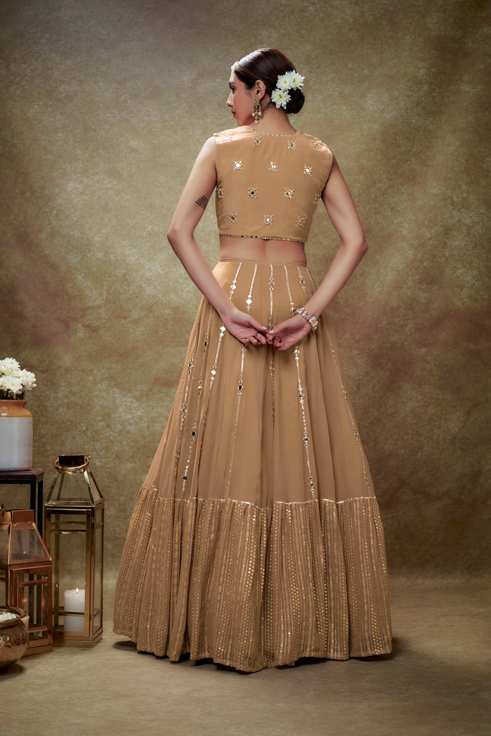 Fawn Mirror Work Sequin Lehenga Set
