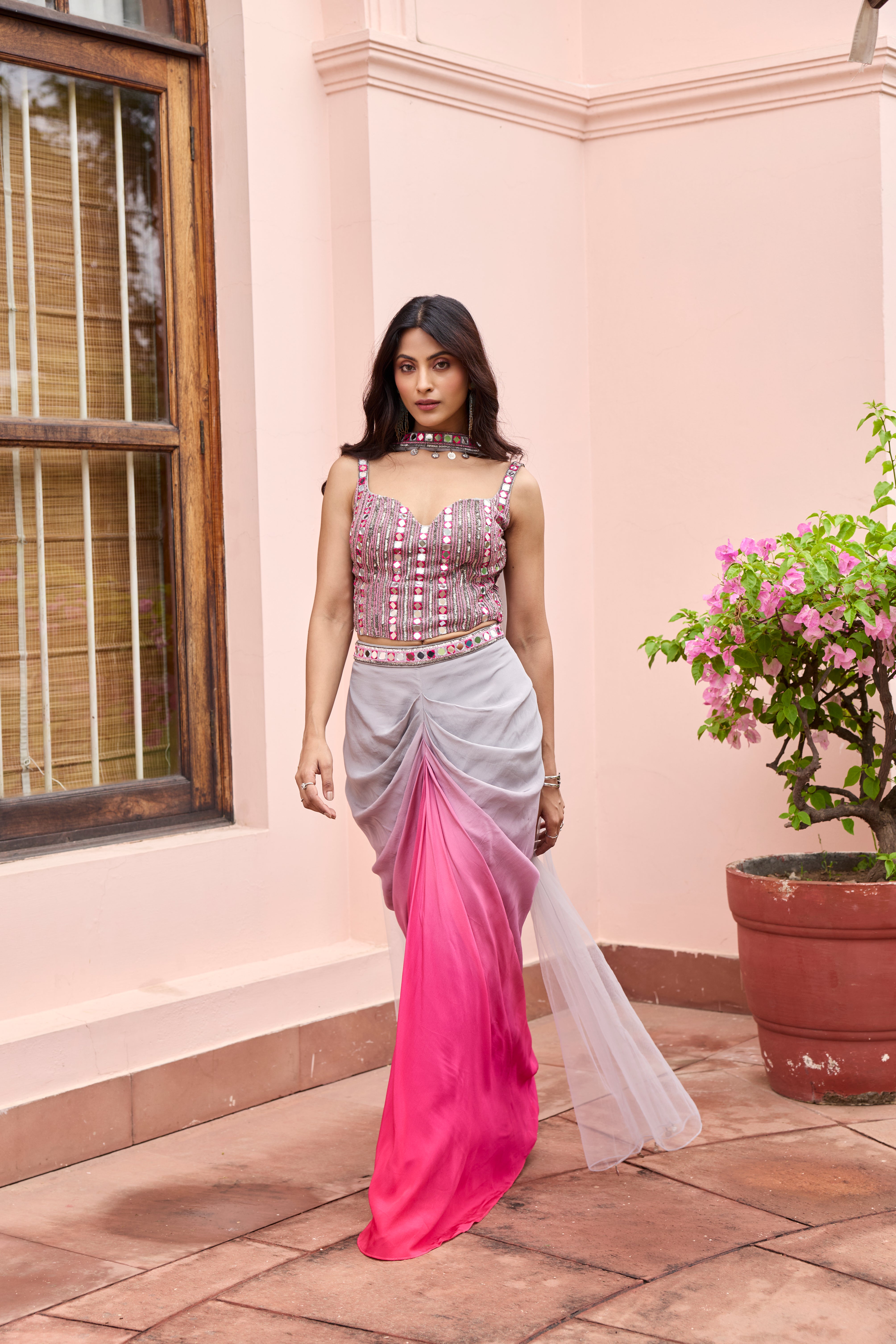 PINK-GREY OMBRE DHOTI SKIRT SET