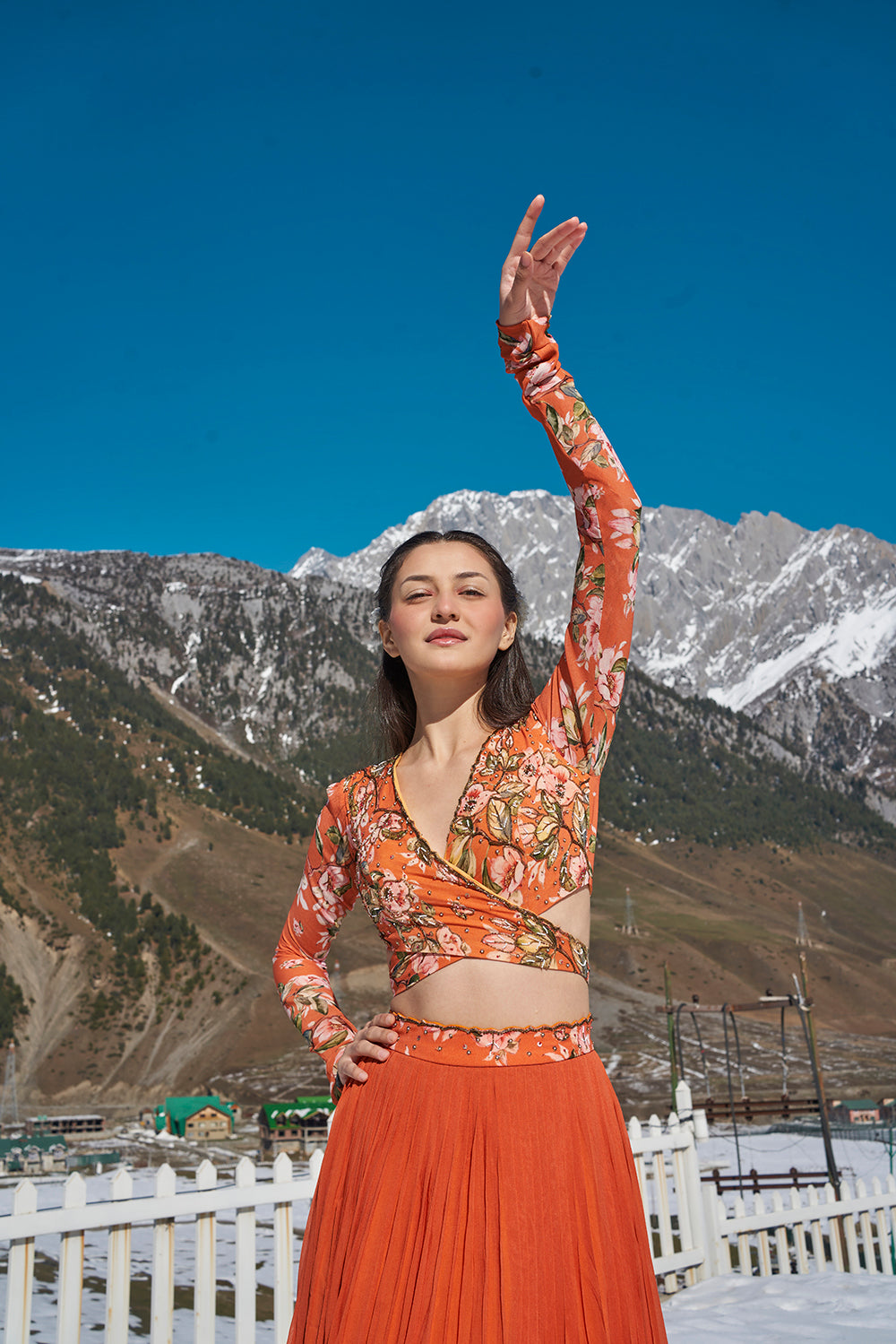 orange floral hand embroidered wrap blouse with pleated lehanga made in georgette fabric