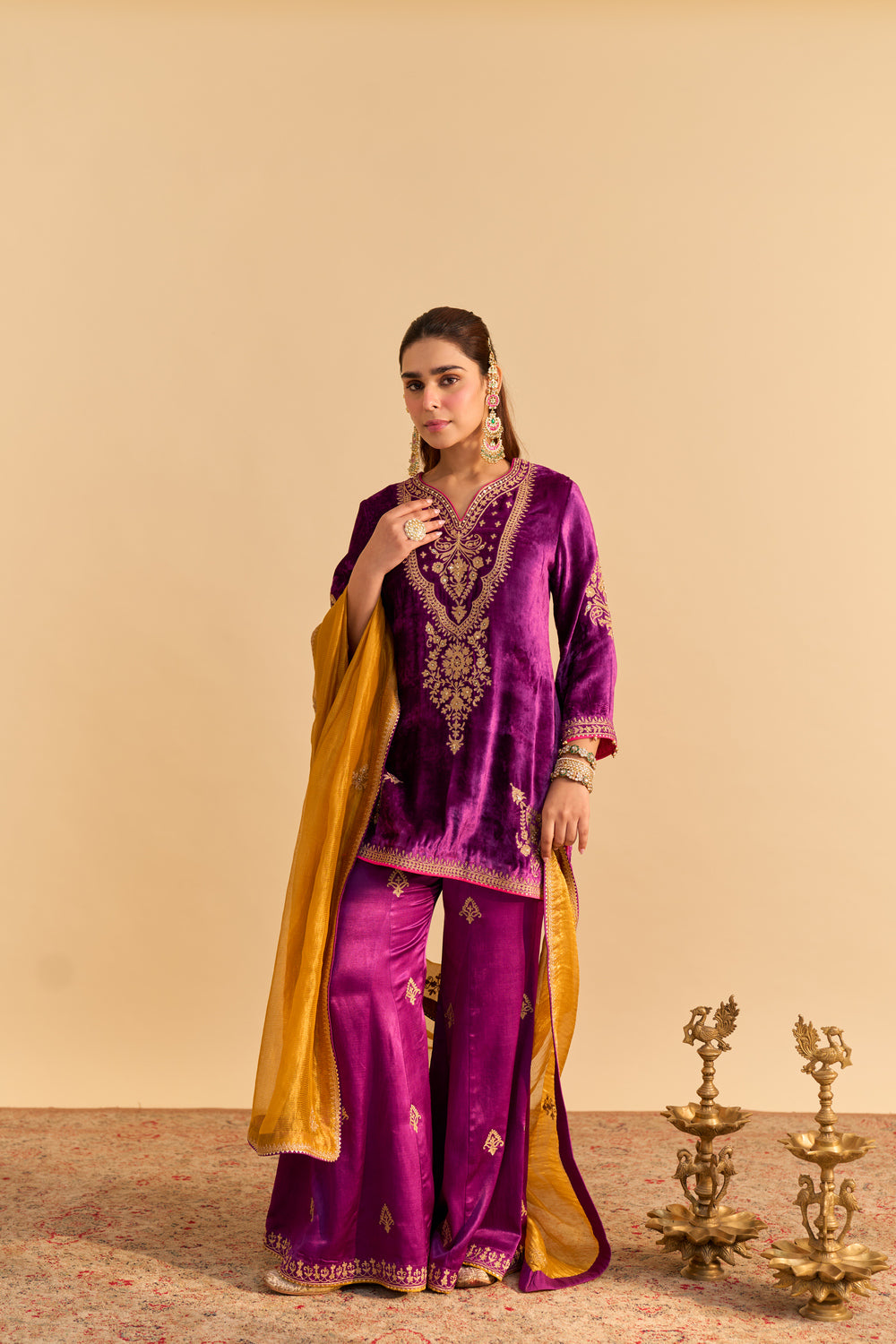 Nooren - Deep Purple Kurta with Flared Palazzo and Dupatta