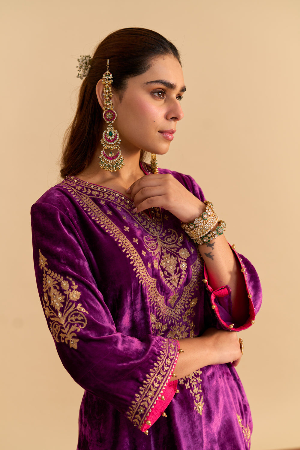 Nooren - Deep Purple Kurta with Flared Palazzo and Dupatta