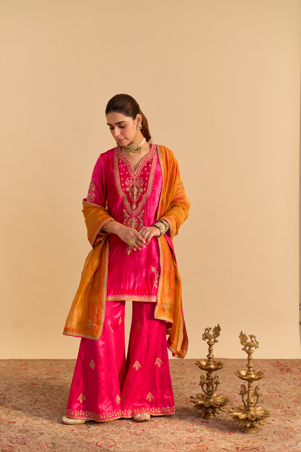 Nooren - Hotpink Kurta with Flared Palazzo and Dupatta