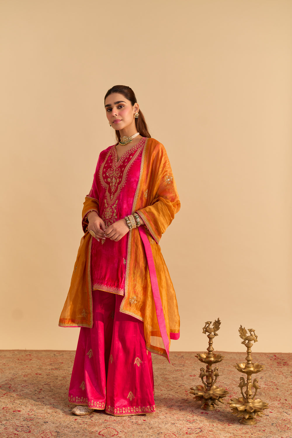 Nooren - Hotpink Kurta with Flared Palazzo and Dupatta