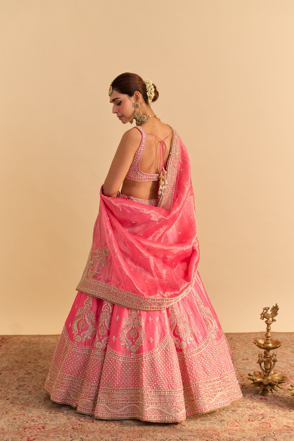 Aashina - Dabka Zardozi Embroidered Pure Tissue Carrot Pink Lehenga Set