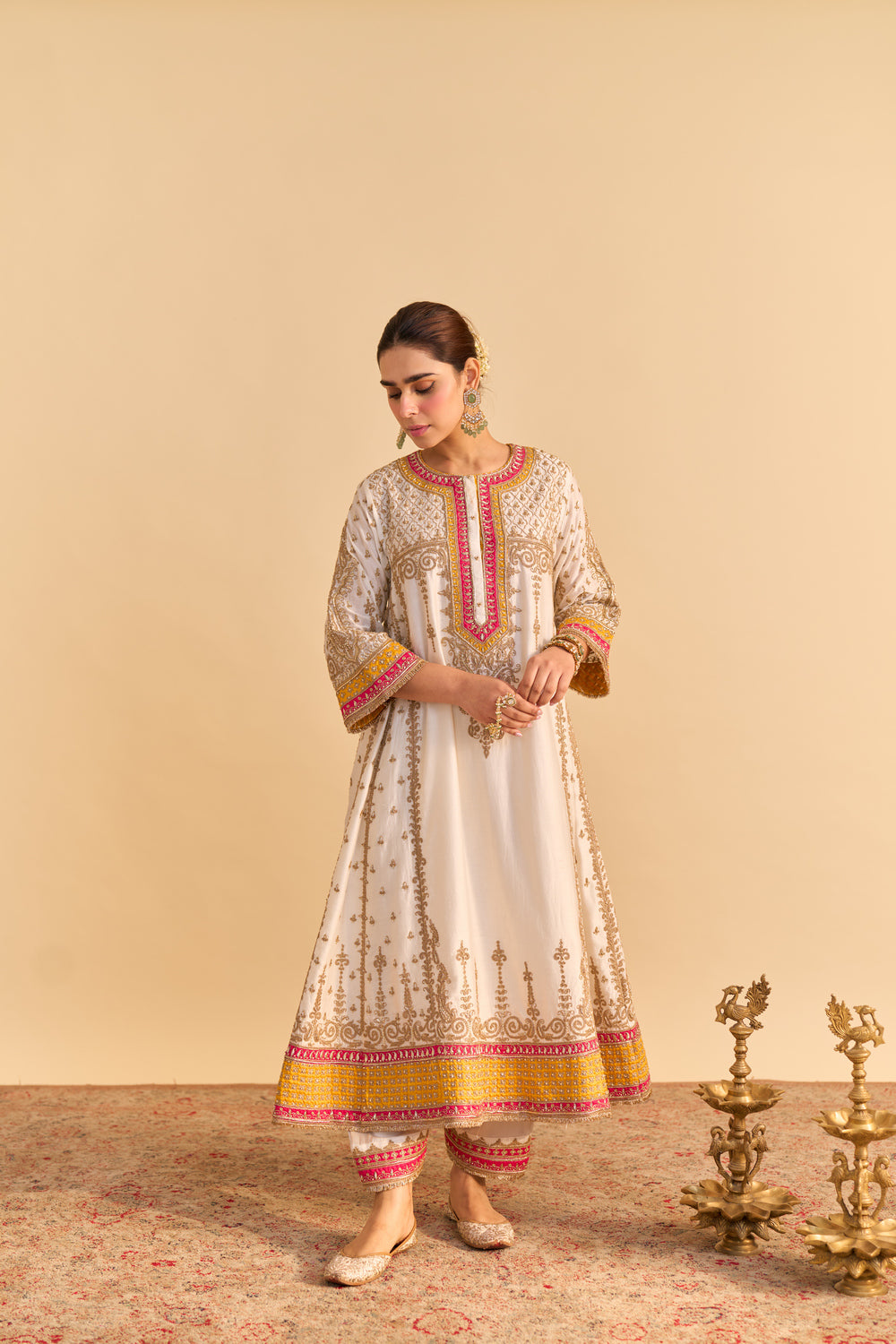 Zoya - Dabka Zardozi Embroidered Rich Banarasi Kalidaar Daisy Ivory Long Chauga Set