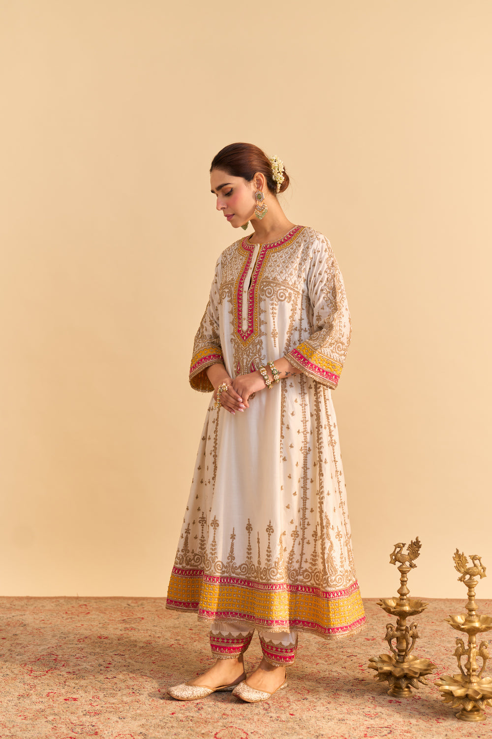 Zoya - Dabka Zardozi Embroidered Rich Banarasi Kalidaar Daisy Ivory Long Chauga Set