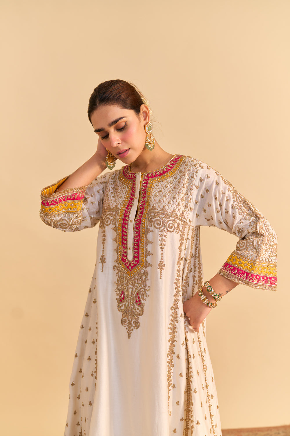 Zoya - Dabka Zardozi Embroidered Rich Banarasi Kalidaar Daisy Ivory Long Chauga Set
