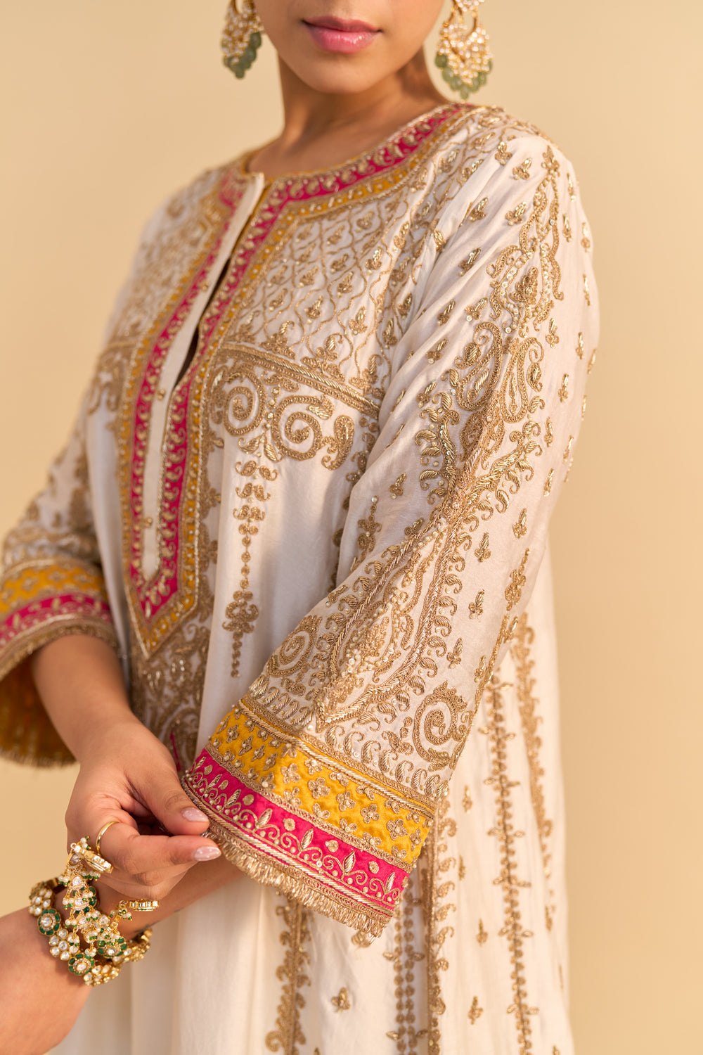 Zoya - Dabka Zardozi Embroidered Rich Banarasi Kalidaar Daisy Ivory Long Chauga Set