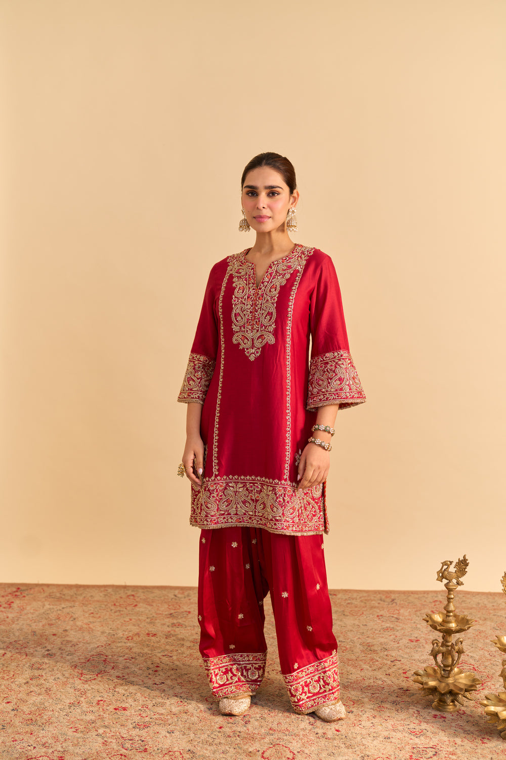 Dua Deep red Dabka Zardozi Embroidered Short kurta Set
