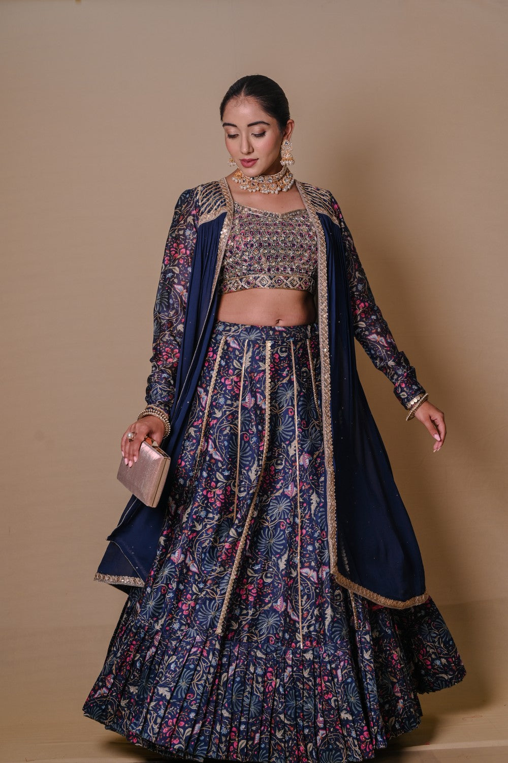 Navy blue lehenga & jacket set