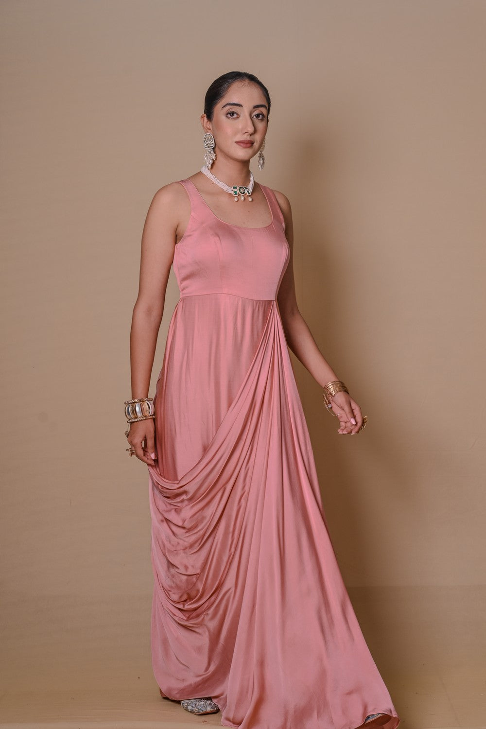 Peach pre-draped jacket & gown set