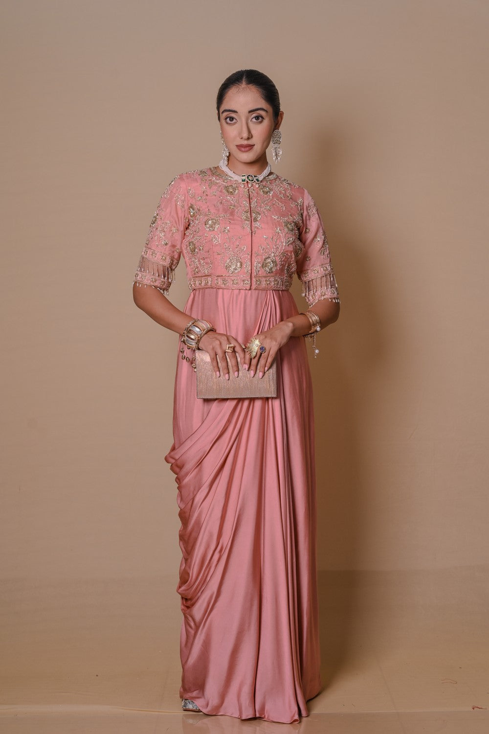 Peach pre-draped jacket & gown set