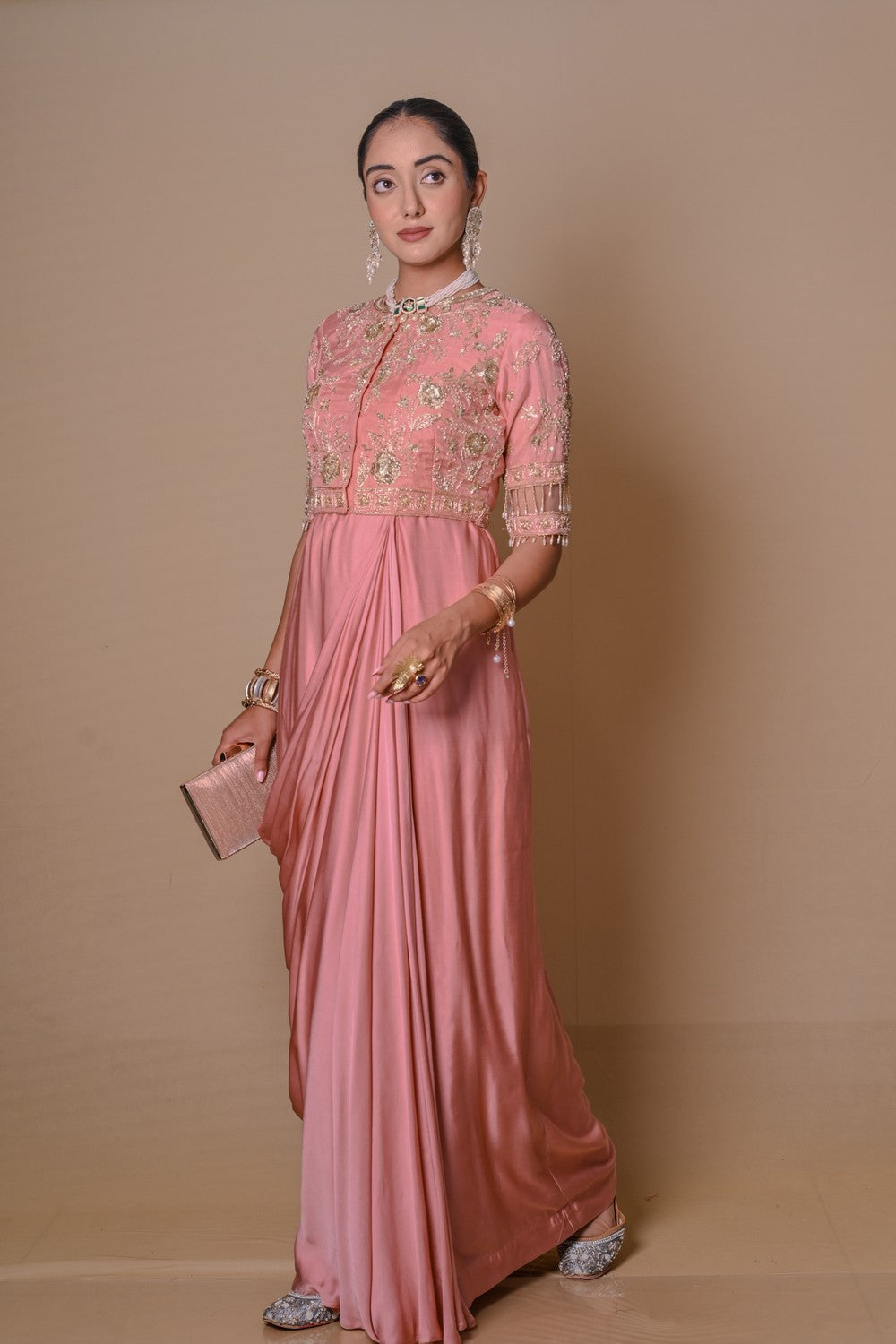 Peach pre-draped jacket & gown set