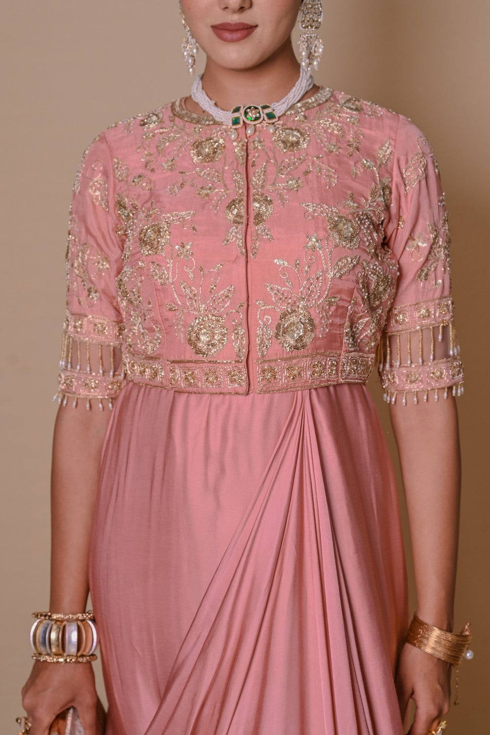 Peach pre-draped jacket & gown set