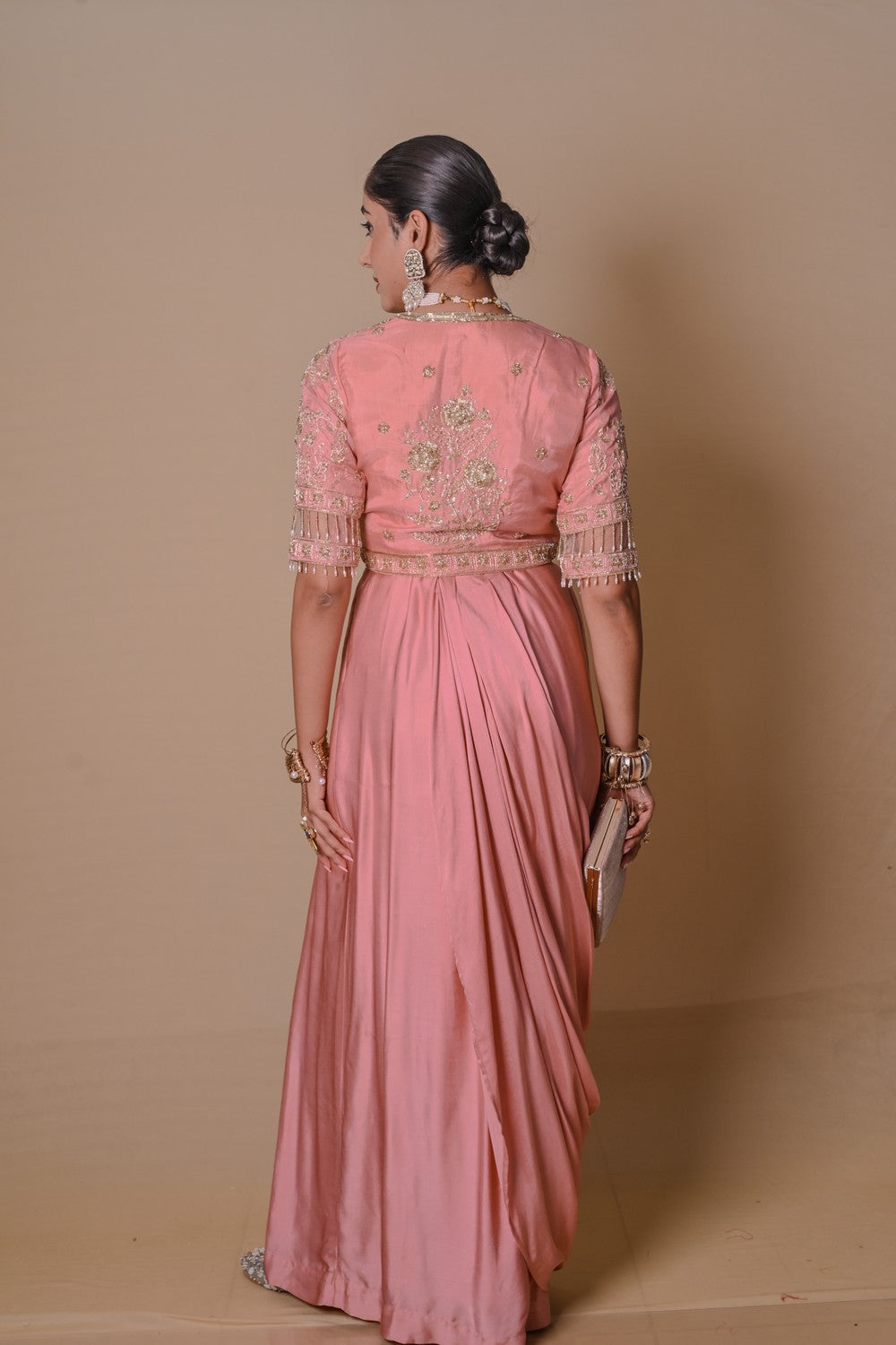 Peach pre-draped jacket & gown set