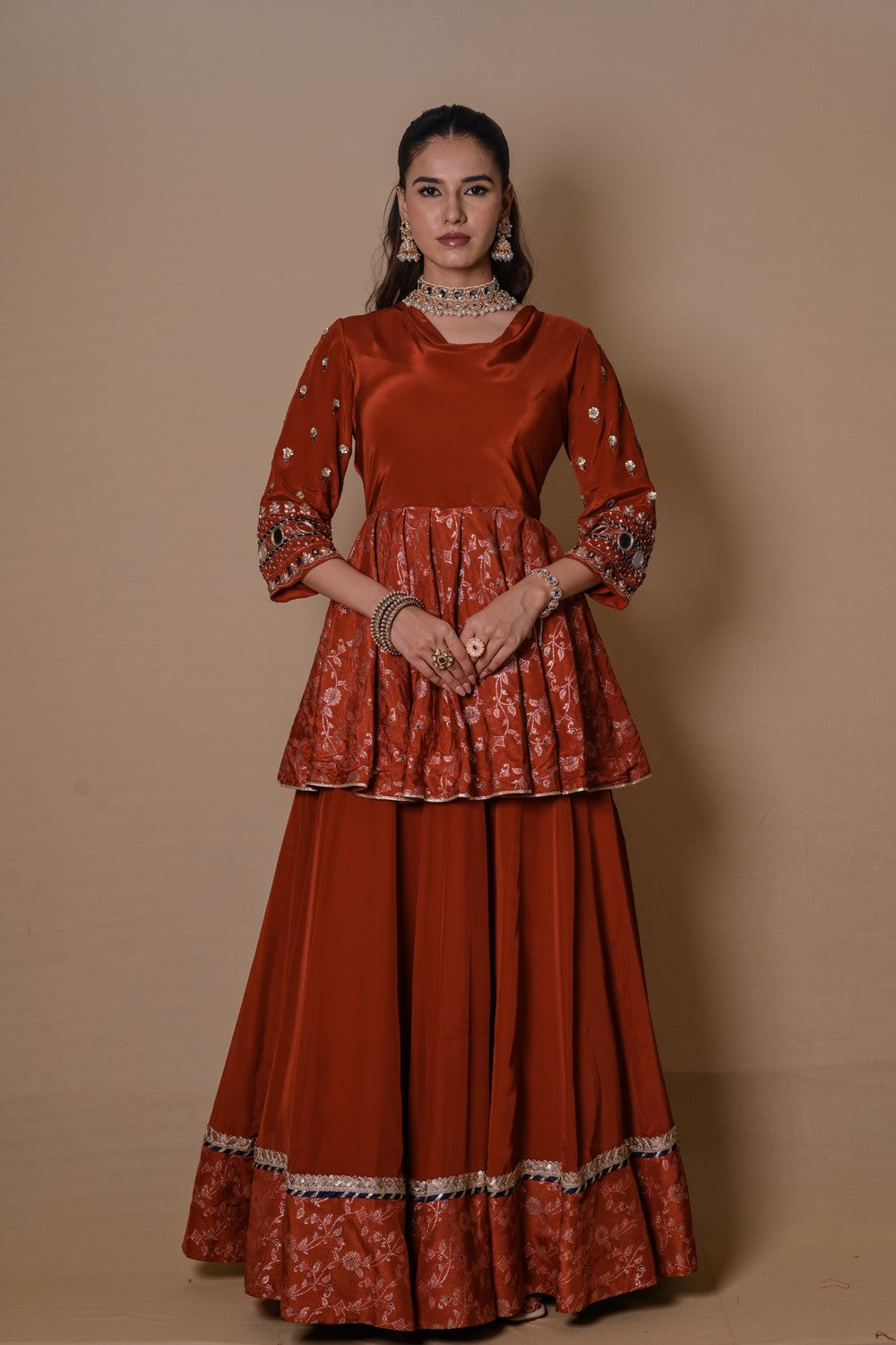 Rust brown cowl lehenga set