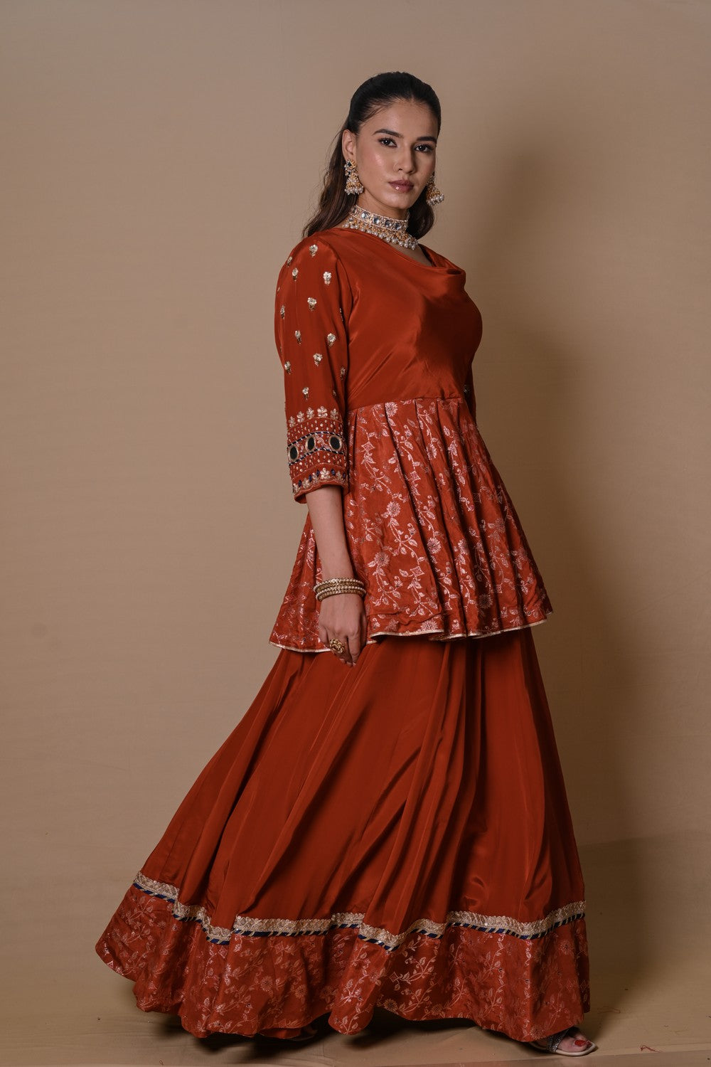 Rust brown cowl lehenga set