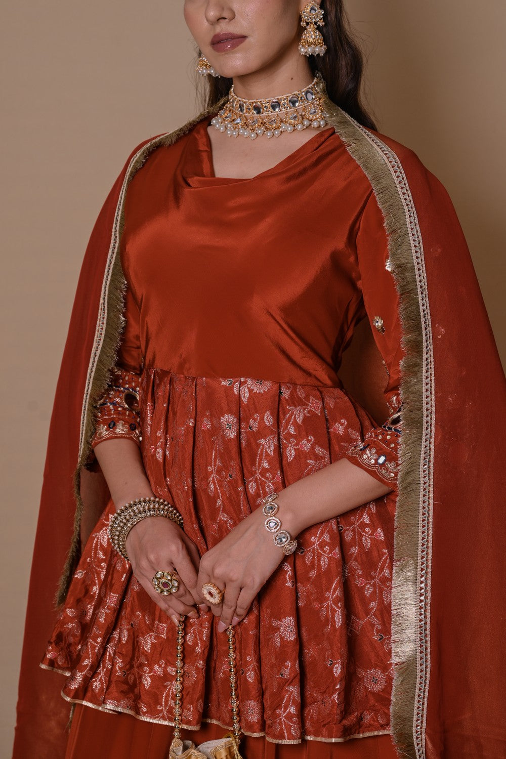 Rust brown cowl lehenga set