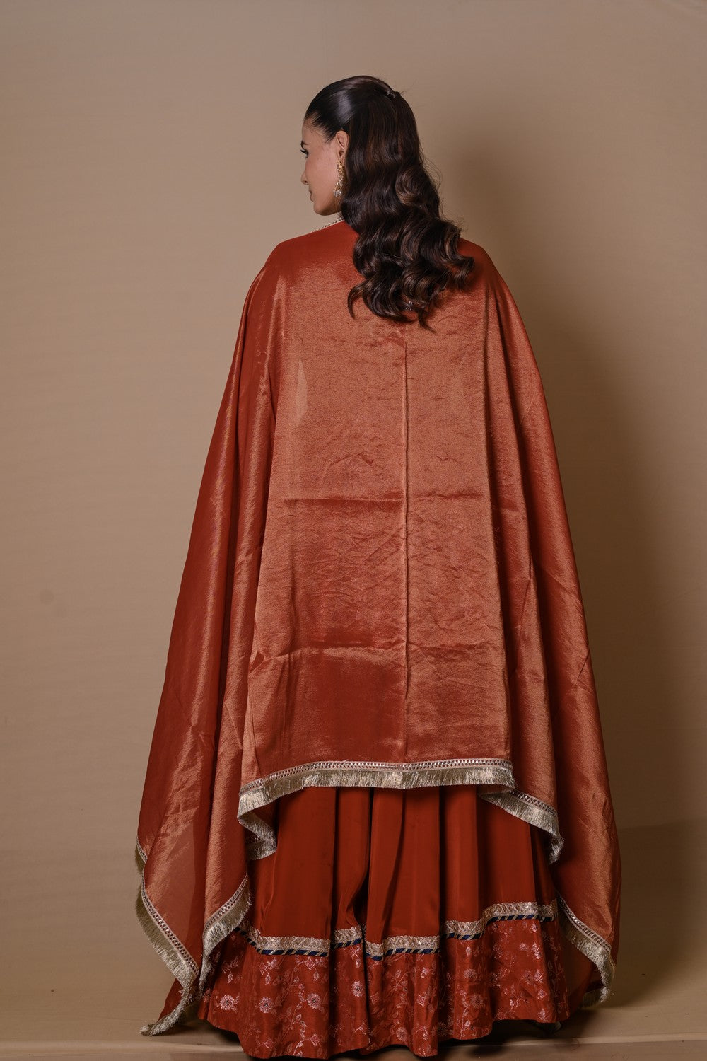 Rust brown cowl lehenga set