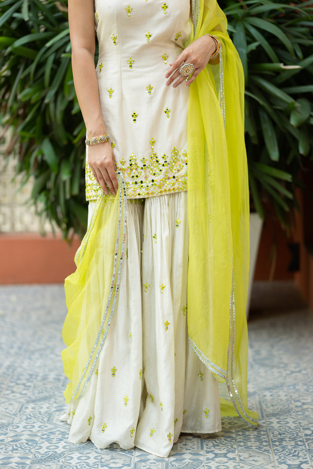 Offwhite Green Embroidered Sharara