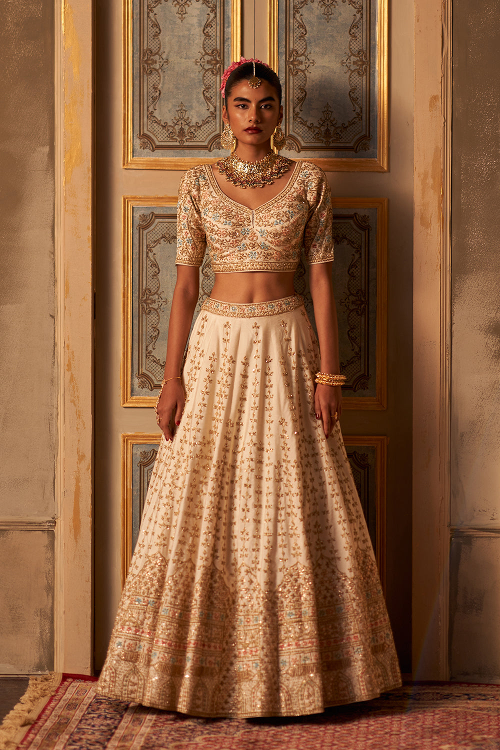 Ivory Raw Silk Double Dupatta Lehenga Set