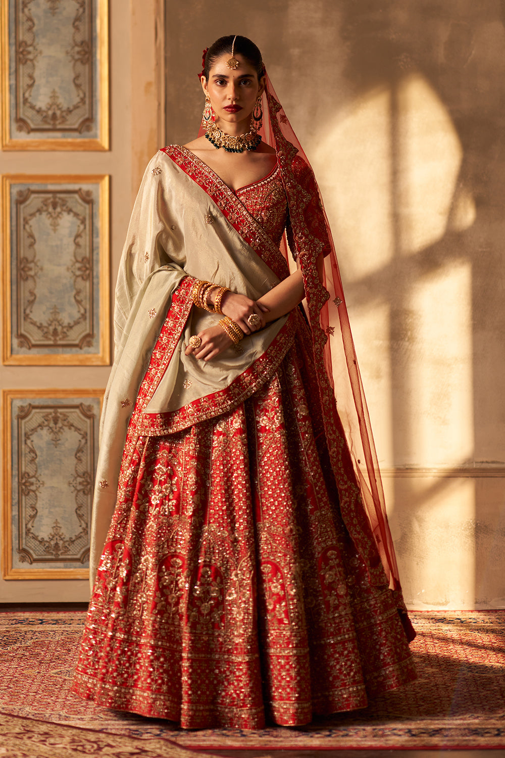 Red Raw Silk Double Dupatta Lehenga Set