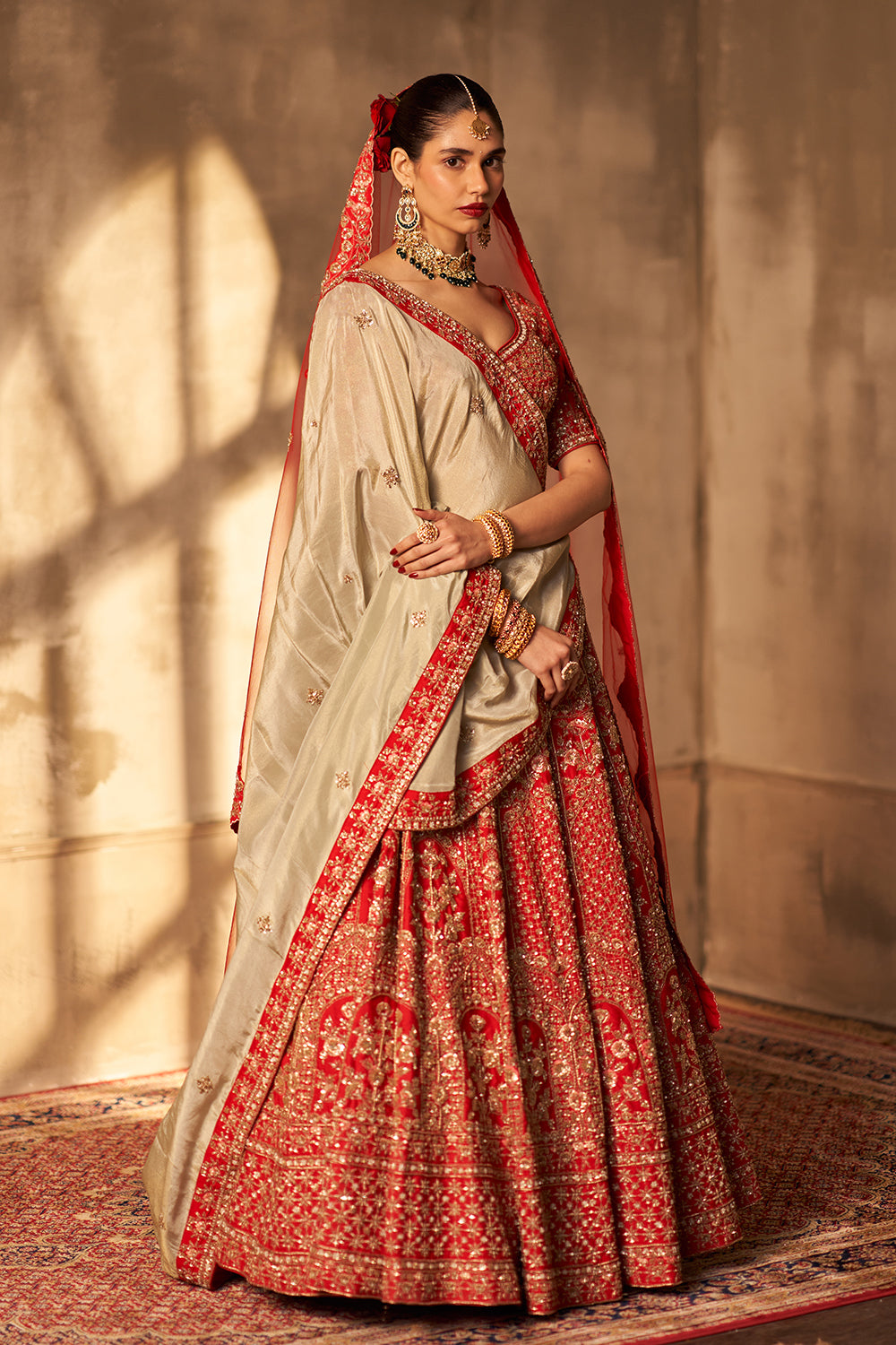 Red Raw Silk Double Dupatta Lehenga Set