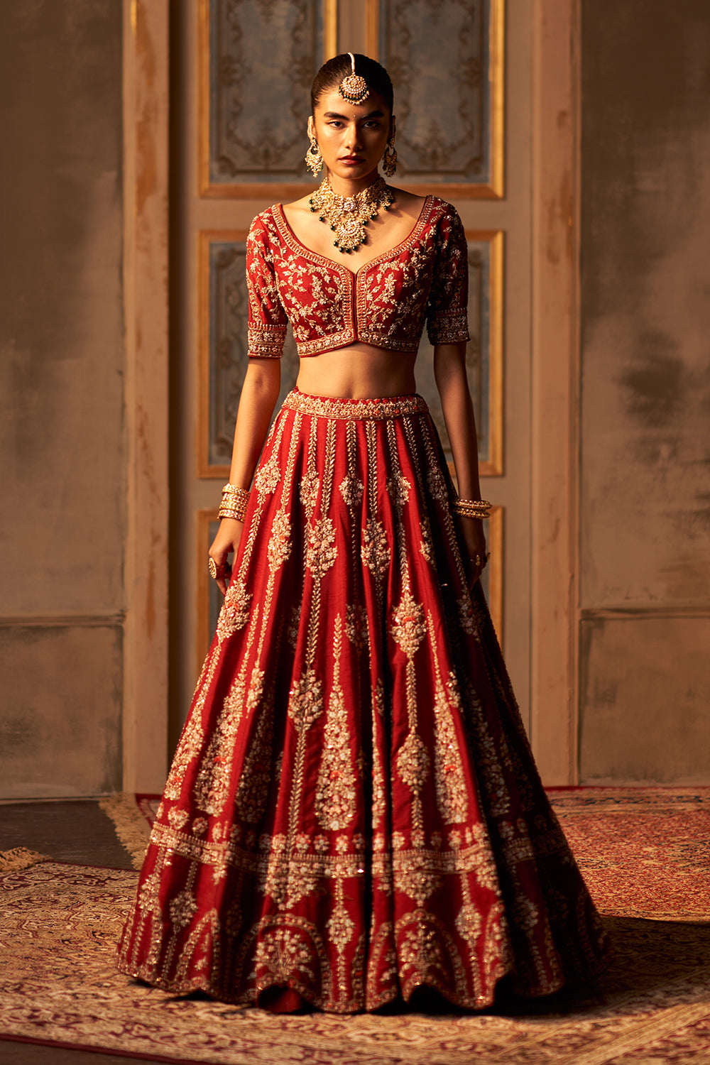 Maroon Raw Silk Double Dupatta Lehenga Set
