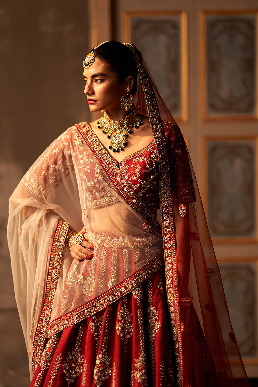 Maroon Raw Silk Double Dupatta Lehenga Set