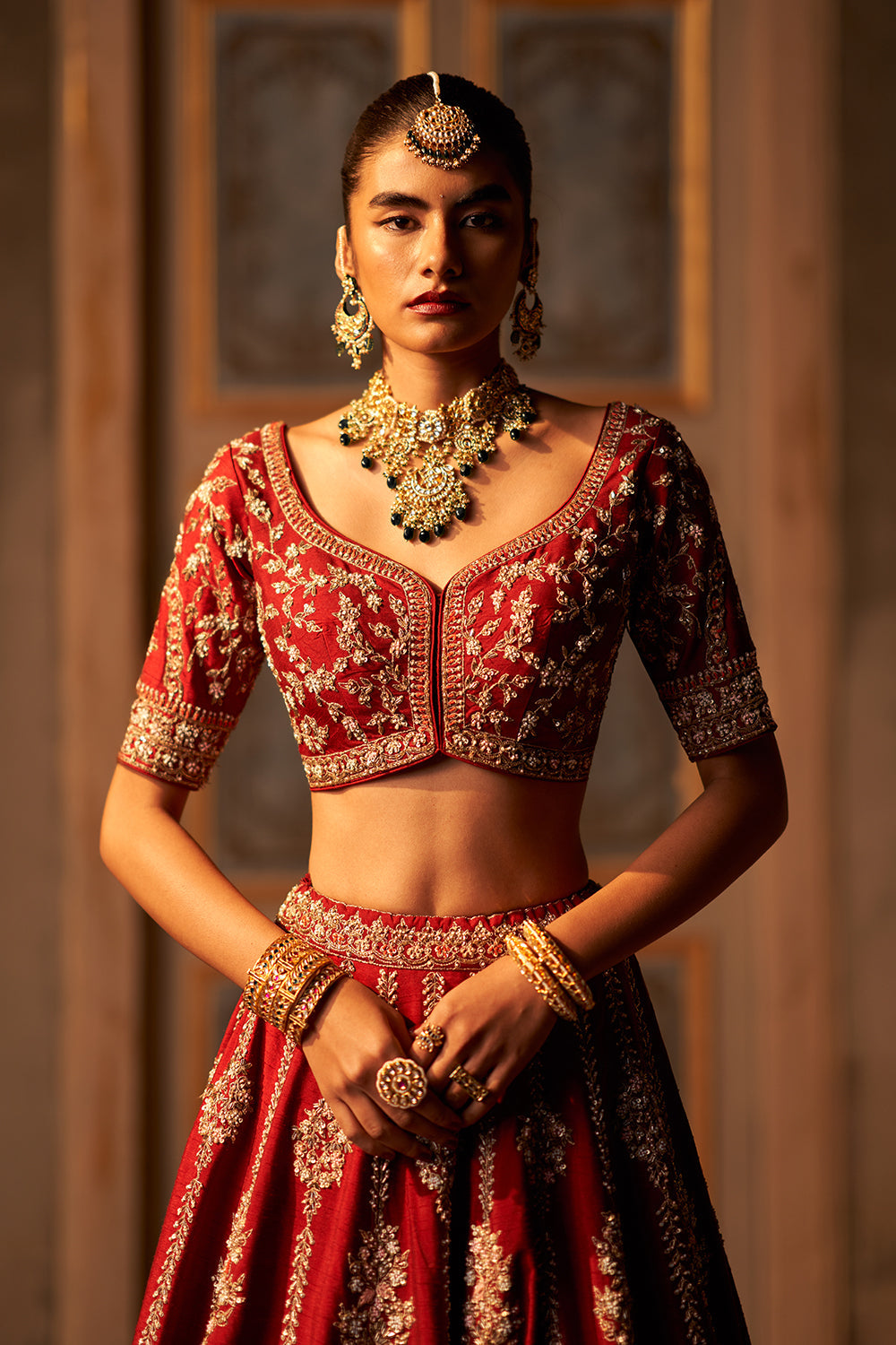 Maroon Raw Silk Double Dupatta Lehenga Set