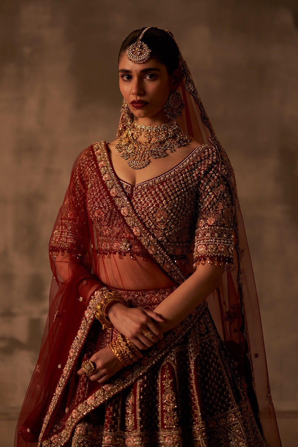 Maroon Raw Silk Double Dupatta Lehenga Set