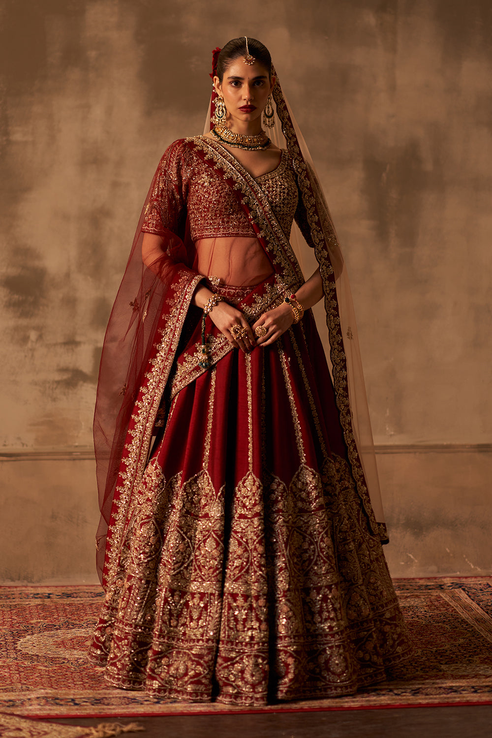 Maroon Raw Silk Double Dupatta Lehenga Set