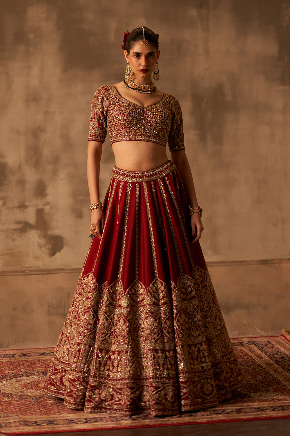 Maroon Raw Silk Double Dupatta Lehenga Set