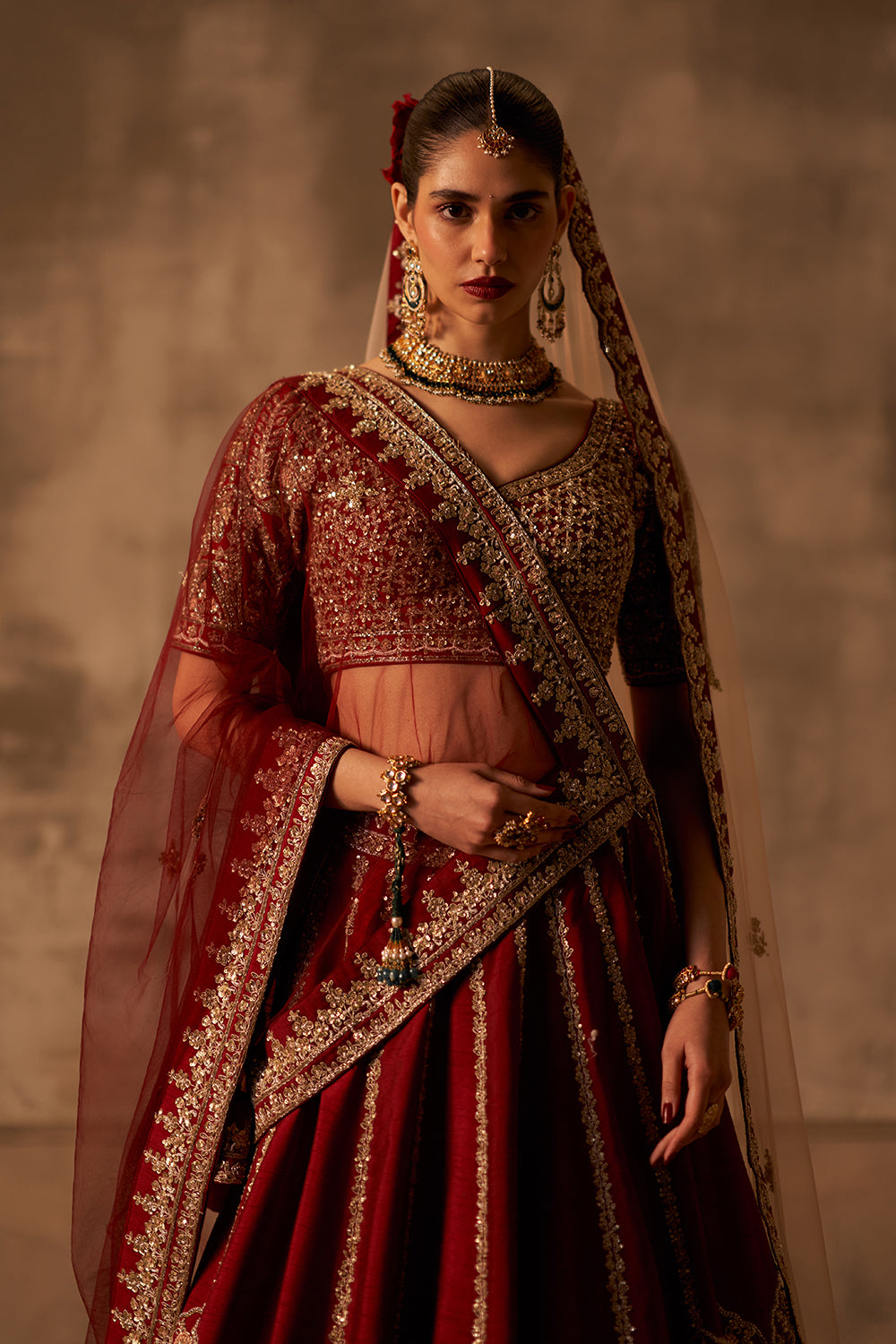 Maroon Raw Silk Double Dupatta Lehenga Set