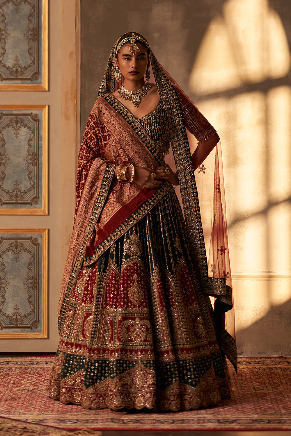 Green Raw Silk Double Dupatta Lehenga Set