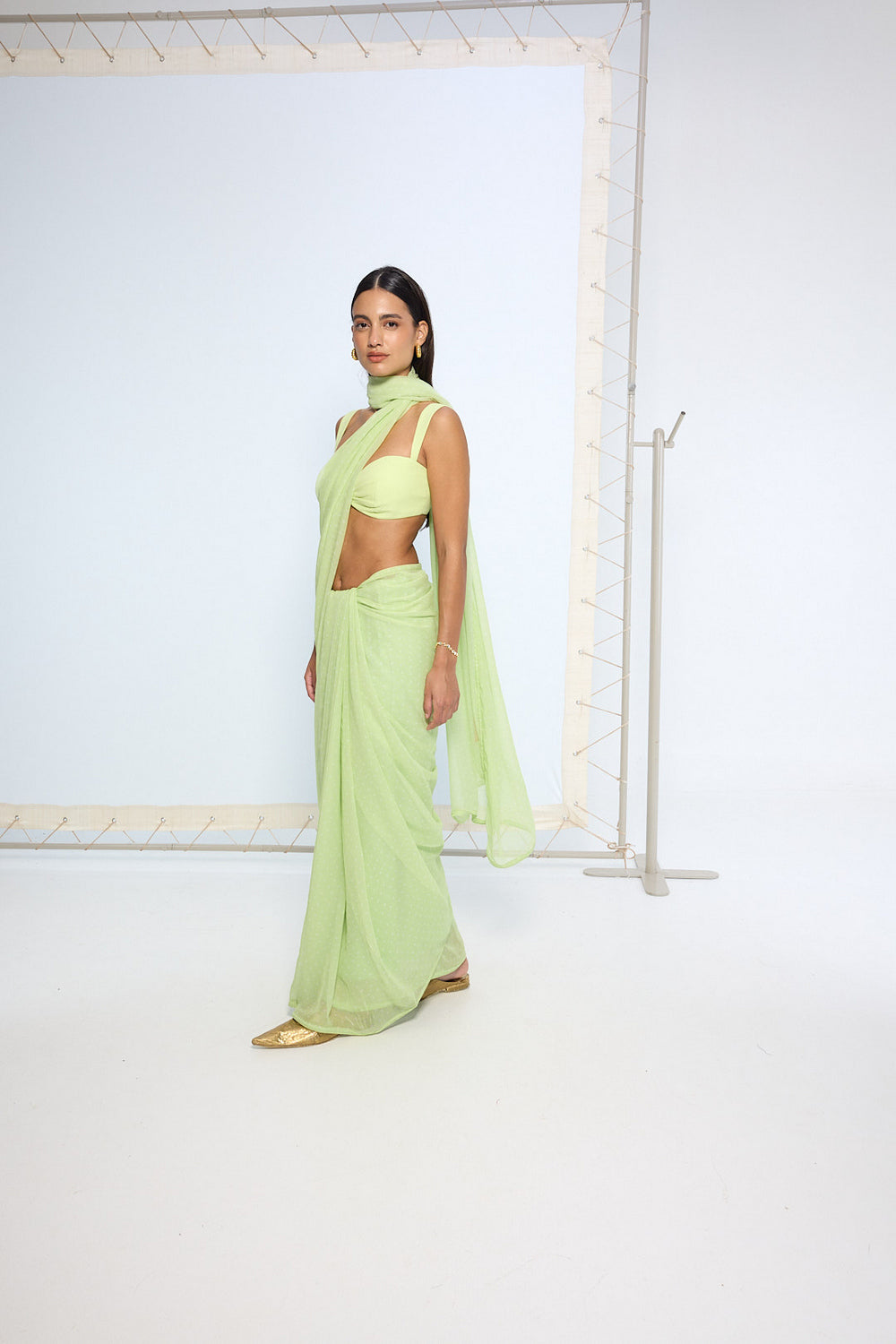 Lime Green Polka Dotted Saree
