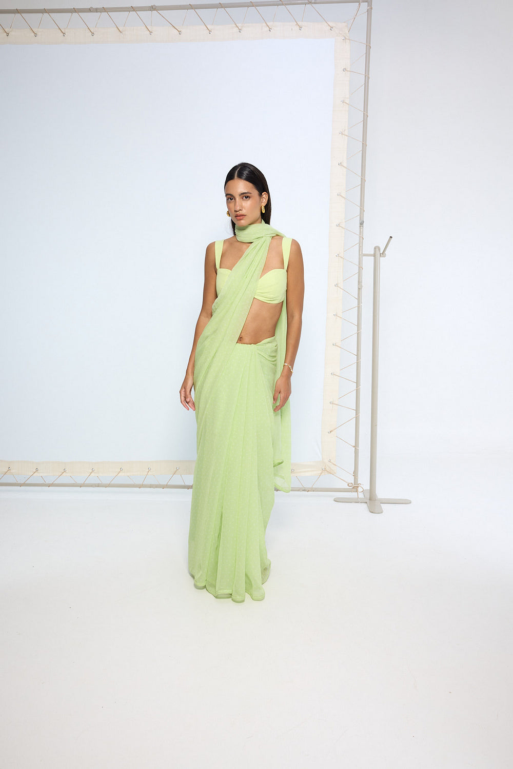 Lime Green Polka Dotted Saree