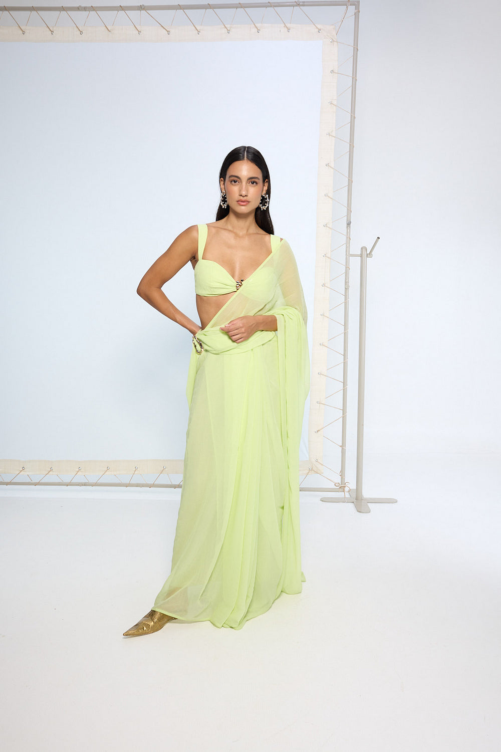 Lime Green Brooch Saree