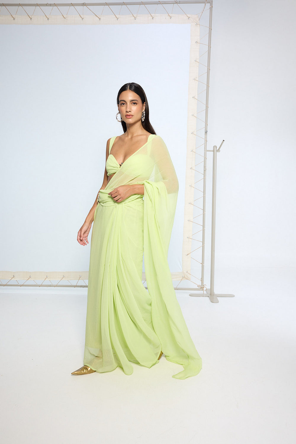 Lime Green Brooch Saree