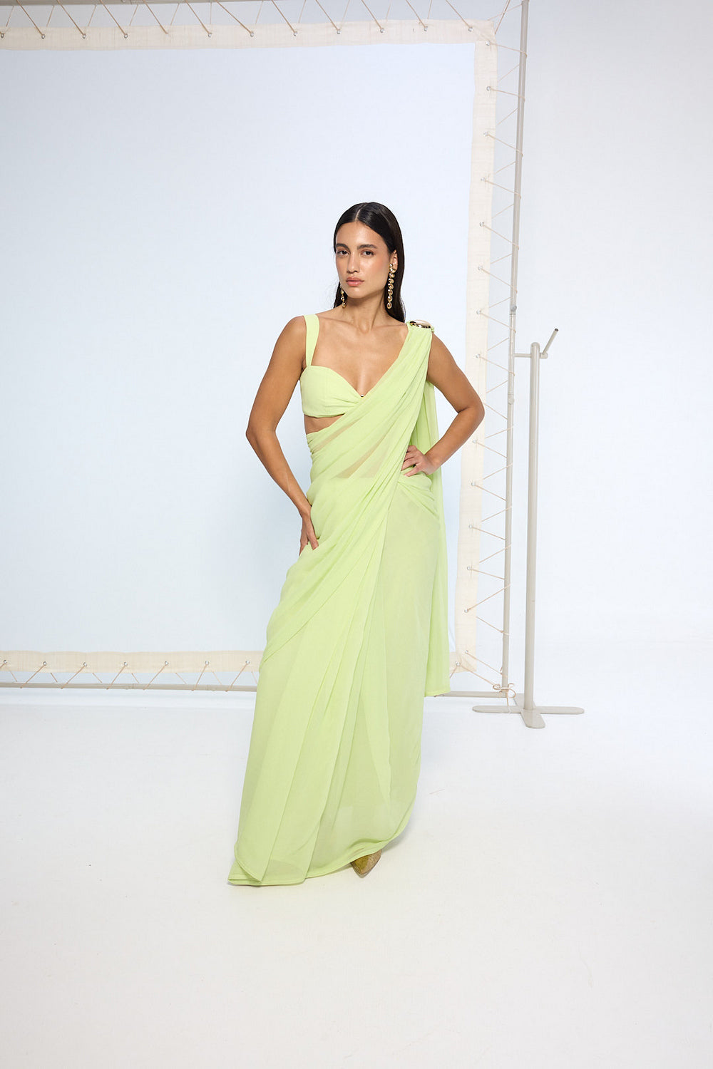 Lime Green Movable Brooch Saree