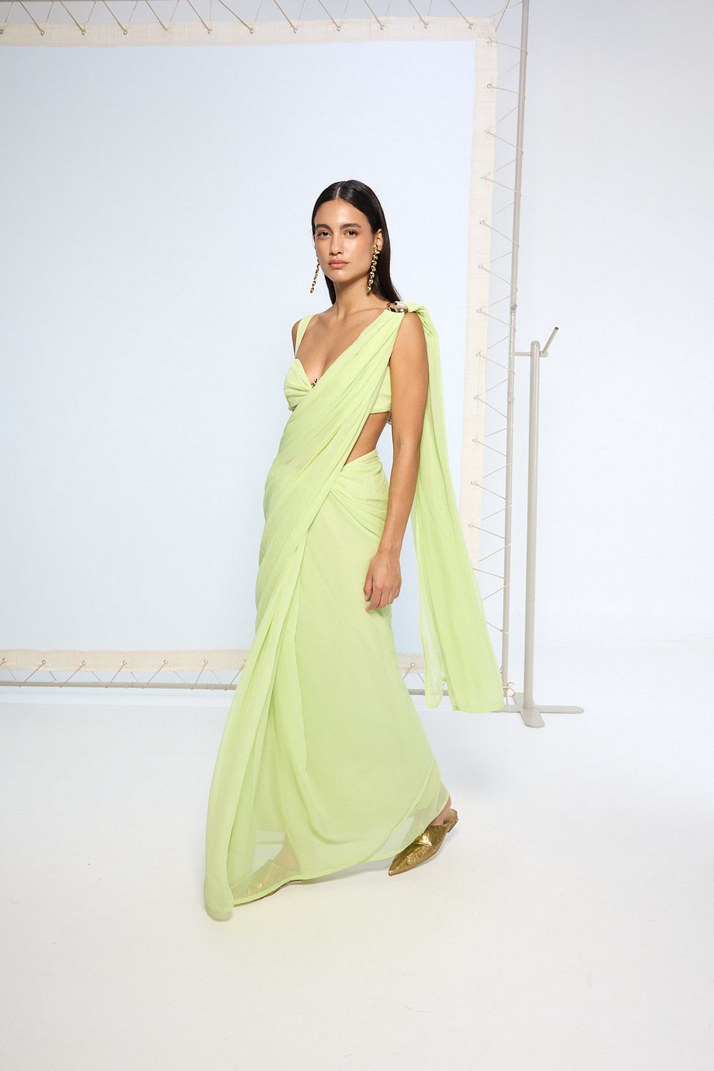 Lime Green Movable Brooch Saree