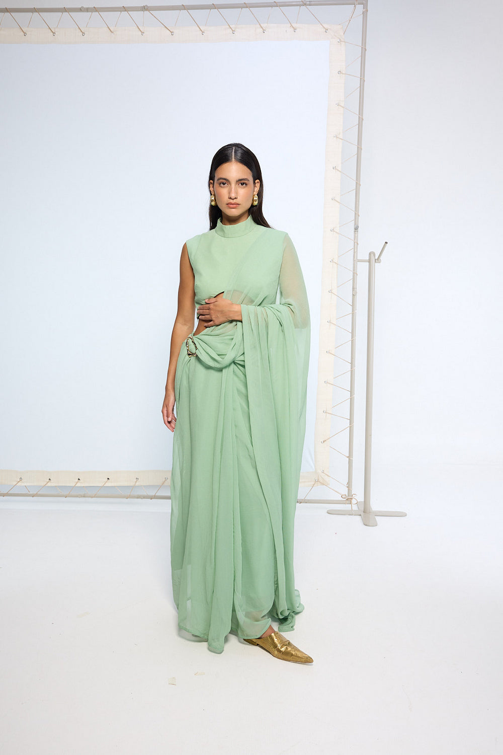 Pale Green Brooch Saree