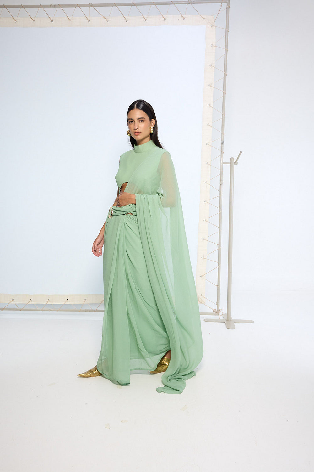 Pale Green Brooch Saree