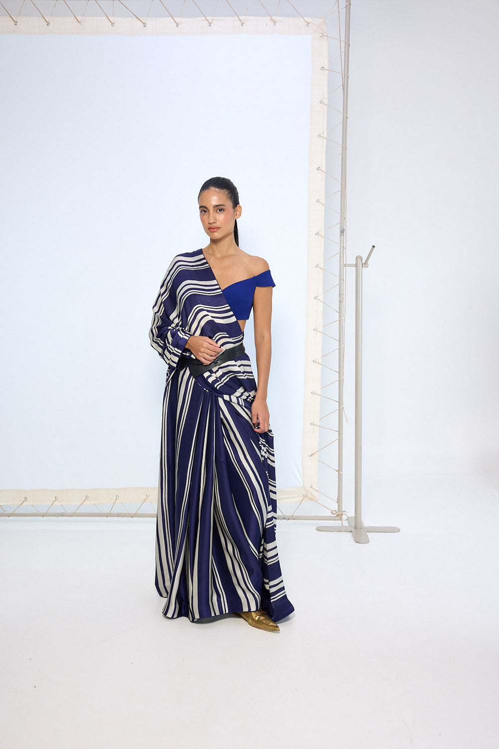 Navy Striped Printed Saree