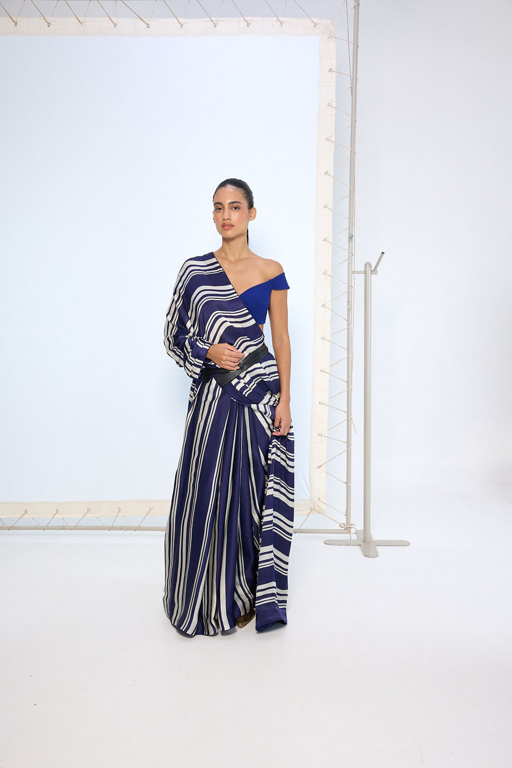 Navy Striped Printed Saree