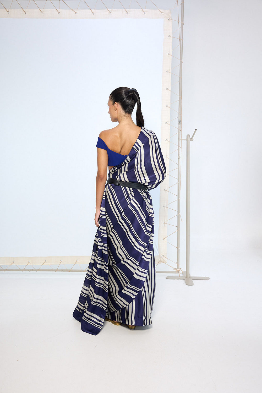 Navy Striped Printed Saree