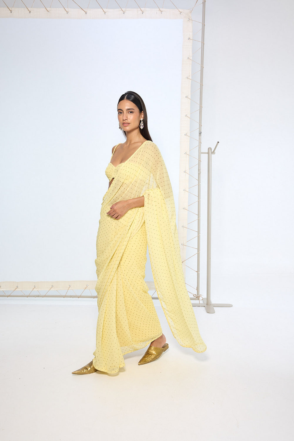 Butter Yellow Polka Dotted Saree